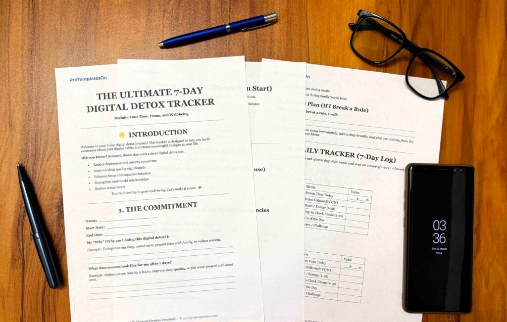 7 day digital detox tracker printable – screen time reduction & mindful phone use planner (pdf)
